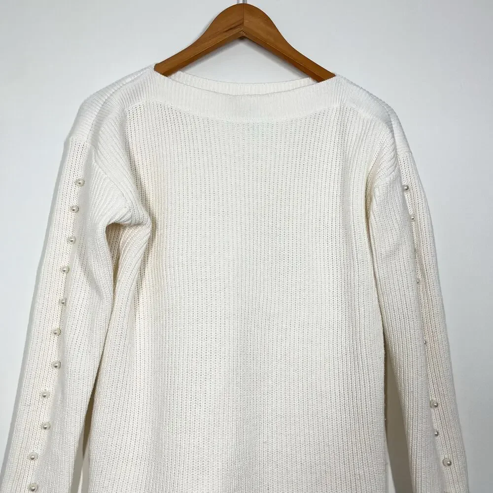 Ann Taylor Cotton‎ Blend White Pearled Sleeves Boat Neck Sz M Pullover Sweater
